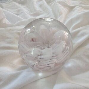 Peacock Glass Works Handcrafted Clear & White & Pink Glass Paperweight